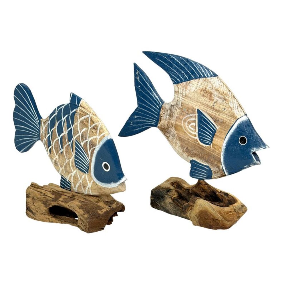 Set of 2 Tropical Fish Figurines Blue Wood Driftwood Bases 10.5 In